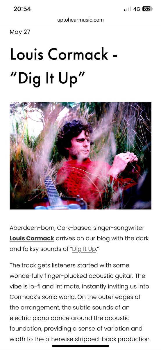 LouisCormack's tweet photo. Nice wee write up from @UpToHearMusic 

 #song #music #newmusic #indie #newsong #single #ireland #irish #cork #folk #singersongwriter #scottish #friday #newmusicfriday #spotify #bandcamp #presave #country #americana #dreamy https://t.co/20Ilvg8o2L