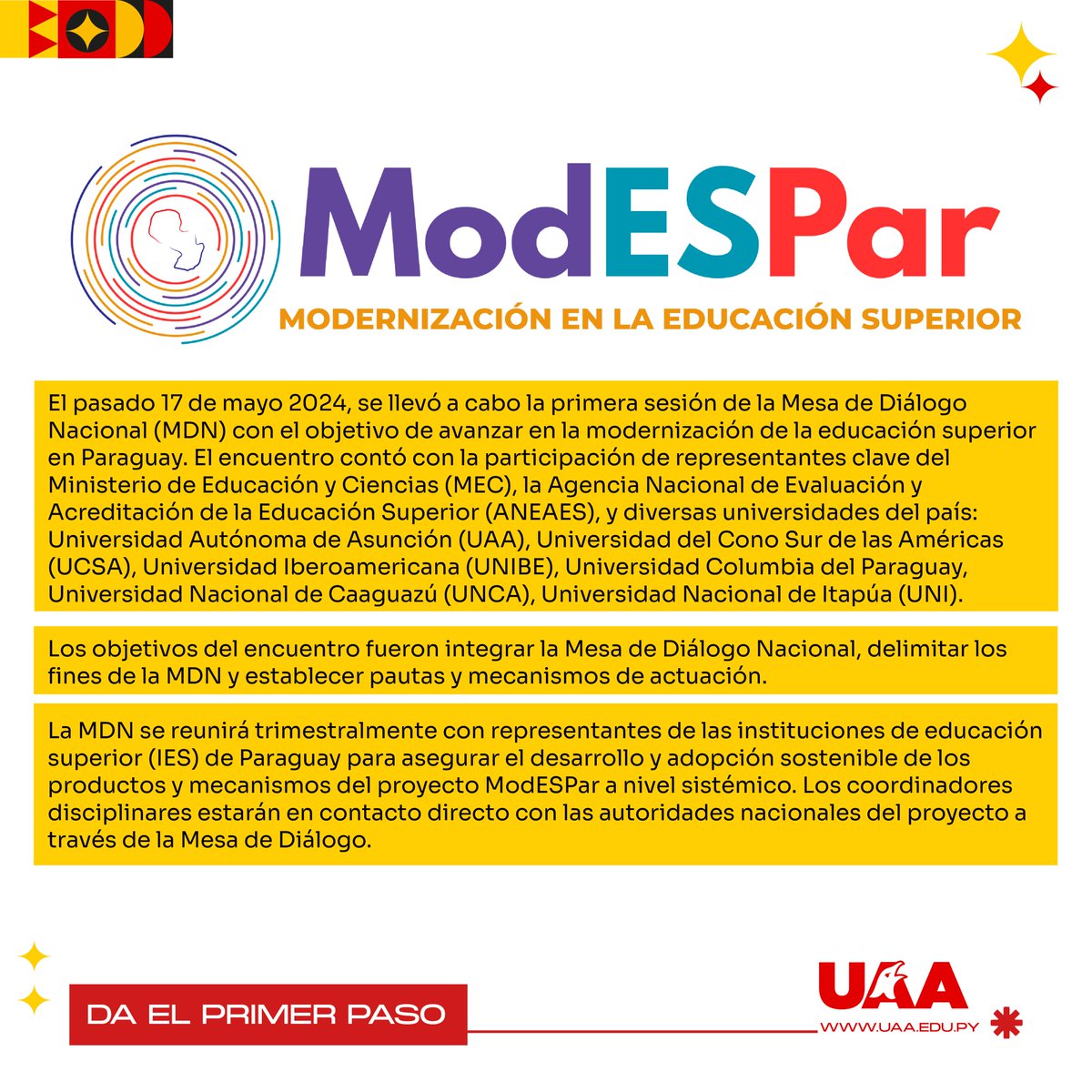 uaapy's tweet image. El pasado 17 de mayo, la UAA participó en la primera sesión de la Mesa de Dialogo Nacional (MDN), con el objetivo de avanzar en la modernización de la educación superior en Paraguay.🇵🇾
.
.
#ModESPar #UaaPy #OrgulloUAA #Paraguay