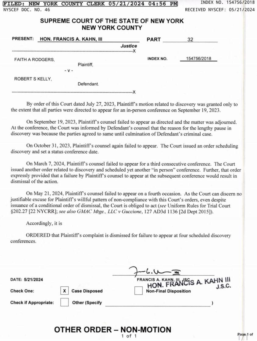 Faith's  lawsuit against R is dismissed. She failed to appear in court 4 times.