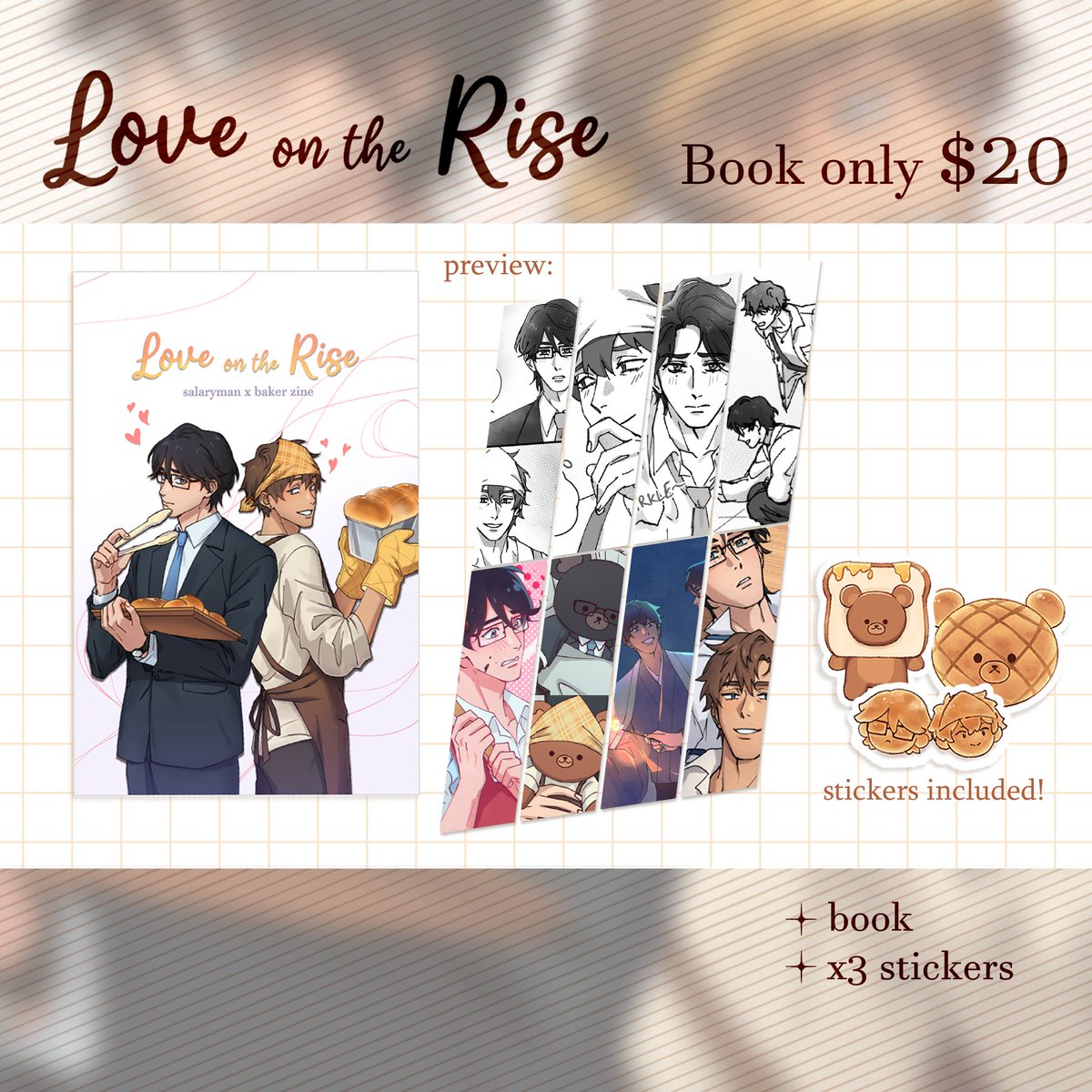 anzaitea's tweet photo. Love on the Rise is open for preorder! 👔🍯

It's my first ever original zine and I'm excited to share these two goofs' story with y'all 💙🧡
Digital PDFs and B-grades are also available for purchase ✨

💌https://t.co/JszOXLRuap https://t.co/OmiJ2Gx4I5