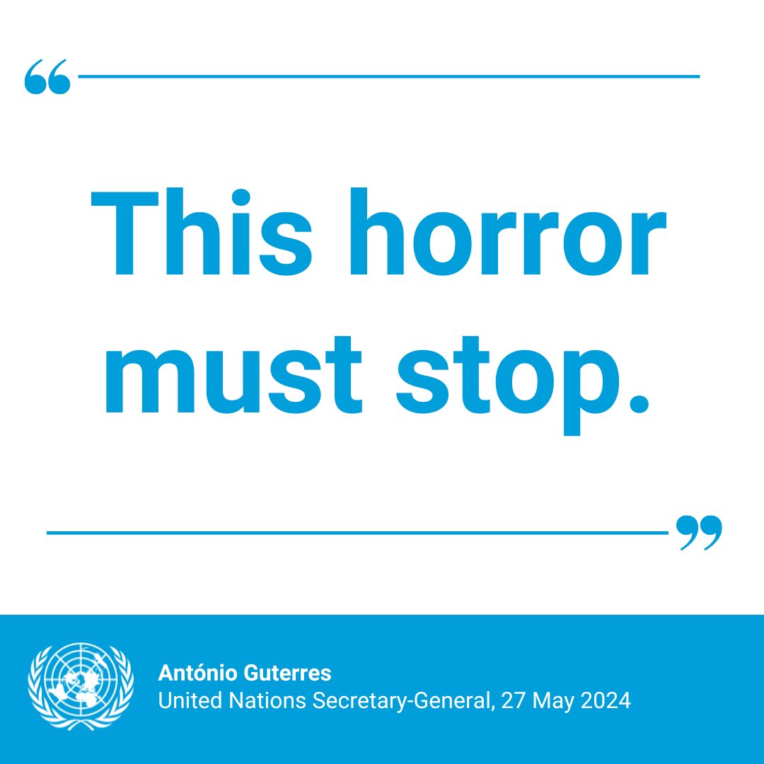 “There is no safe place in Gaza. This horror must stop.” @antonioguterres condemns Israel’s actions in Rafah on Sunday which killed scores of innocent civilians who were seeking shelter from the deadly conflict. news.un.org/en/story/2024/…