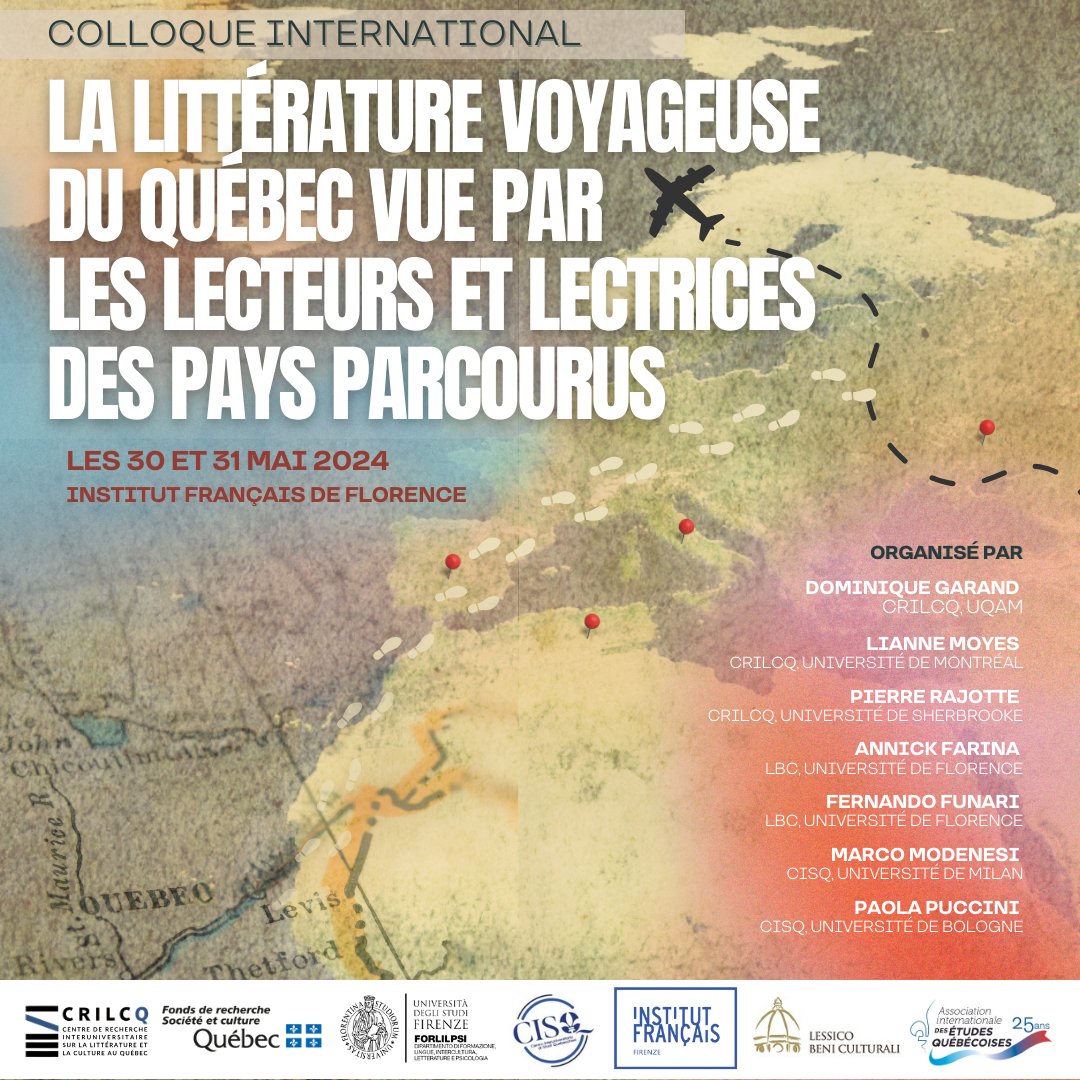 ‼ [DERNIER RAPPEL] Le colloque international « La littérature voyageuse du Québec vue par les lecteurs et lectrices des pays parcourus » se déroulera les 30 et 31 mai 2024.

📍 à l’Institut français Firenze

Infos 👇
crilcq.org/actualites/col…

#CommunautéFRQ #cultureQC #littqc