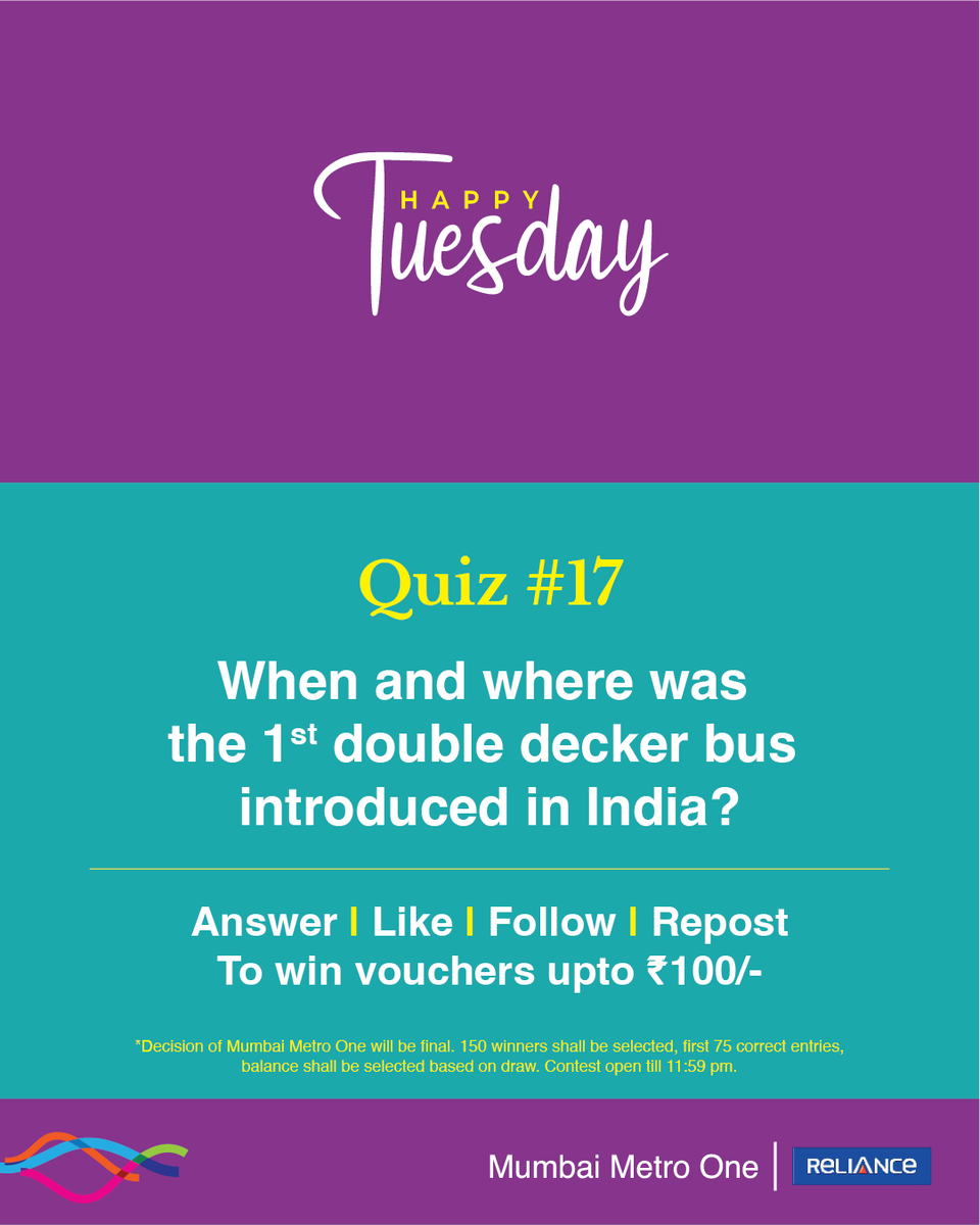 #HappyTuesday quiz is here! The 17th edition is about double-decker buses, approximately 900 of which zipped through the city by the 1960s. Answer, Like, Follow & Repost (all mandatory) to win. #ContestAlert #Giveaways #Voucher #MumbaiMetro