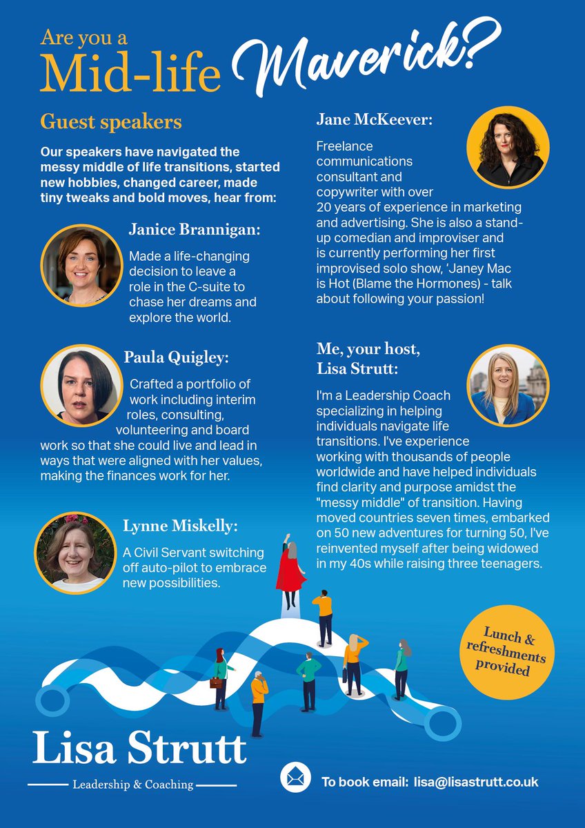 JaneyMaaaccc's tweet image. If you&apos;re considering a midlife career change, come along to Midlife Mavericks on Tuesday, June 11, 2024, from 12pm to 2pm. Lunch and refreshments will be provided. I&apos;ll be there because hopefully I&apos;m midlife (just getting started)!😉🙏 @lstrutt  eventbrite.co.uk/e/midlife-mave…
