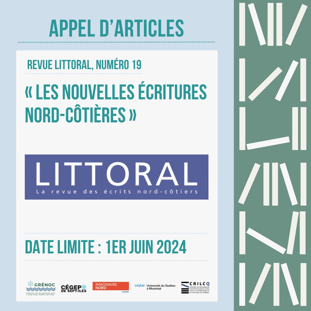 ‼[RAPPEL] Le Grénoc lance un appel d’articles pour le prochain dossier de la revue «Littoral ».

Les personnes intéressées sont priées d’envoyer leur article final au plus tard le 1er juin 2024.

Infos 👇
crilcq.org/actualites/app…

#communautéFRQ #littqc #littoral #CultureQc