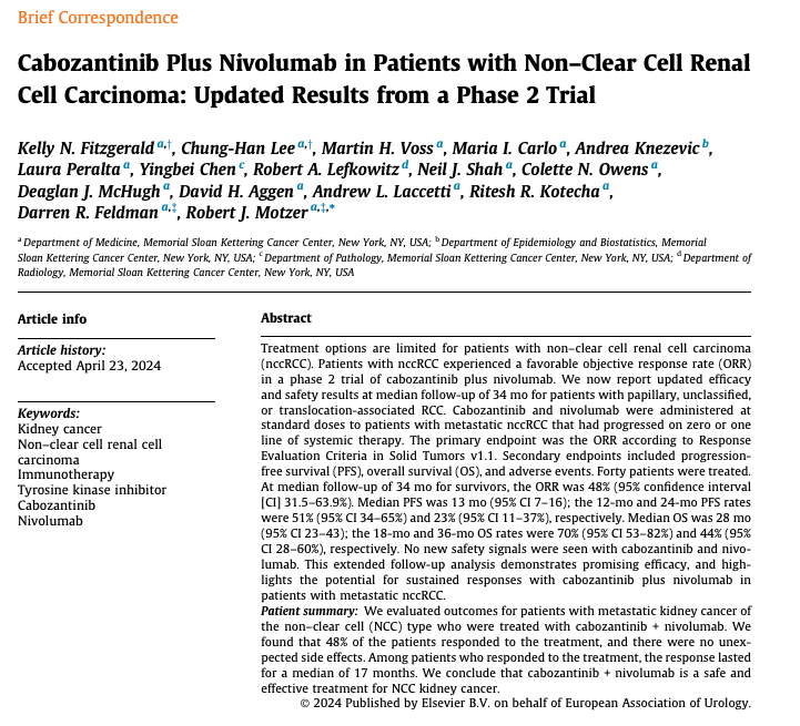 Cabozantinib combined with nivolumab in patients with metastatic non-clear cell renal cell carcinoma ⭕️The objective response rate (ORR) was 48% ⭕️Median progression-free survival was 13 months ⭕️Median overall survival was 28 months. ⭕️Comparable results with KEYNOTE-B61,