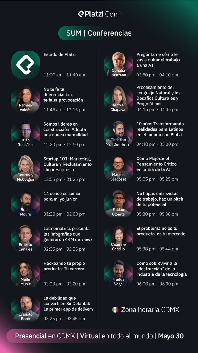 freddier's tweet image. 🇲🇽 Quedan las últimas 100 entradas a #PlatziConf México. Va a estar lleno del talento que crea tecnología en Latam. 

Aparte de una agenda brutal de charlas, tendremos talleres de AI, Q&amp;amp;A con profesores y mentorías en persona.

PLATZICONF MEXICO arranca este jueves a las:
11am 🇲🇽…