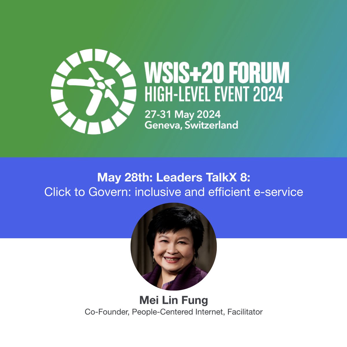 People-Centered Internet (@pci_initiative) on Twitter photo Join us at the #WSIS +20 Forum High-Level Event 2024! 
<a href="/meilinfung/">Mei Lin Fung</a>  ,Chair of People Centered Internet, facilitating "Leaders TalkX 8: Click to Govern: inclusive and efficient e-service" on Tues, May 28, 2024, from 11:00-11:30 CEST.
🔗 Register here: itu.int/net/CRM/js/sr/…
<a href="/ITU/">Int’l Telecommunication Union</a> Join us at the #WSIS +20 Forum High-Level Event 2024! 
<a href="/meilinfung/">Mei Lin Fung</a>  ,Chair of People Centered Internet, facilitating "Leaders TalkX 8: Click to Govern: inclusive and efficient e-service" on Tues, May 28, 2024, from 11:00-11:30 CEST.
🔗 Register here: itu.int/net/CRM/js/sr/…
<a href="/ITU/">Int’l Telecommunication Union</a>