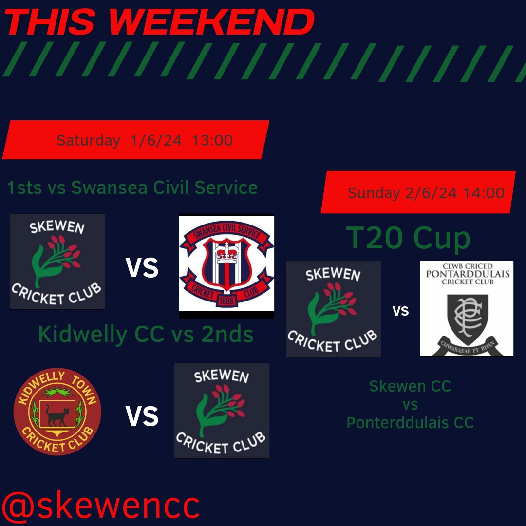 Skewen__CC's tweet photo. Busy weekend ahead.....

Saturday 
Home
1sts vs @SwanseaCS 1pm
Away
2nds vs @KidwellyTownCC
1pm

Sunday 
1st vs @PontarddulaisCC 2pm https://t.co/DYhyRzNP1b