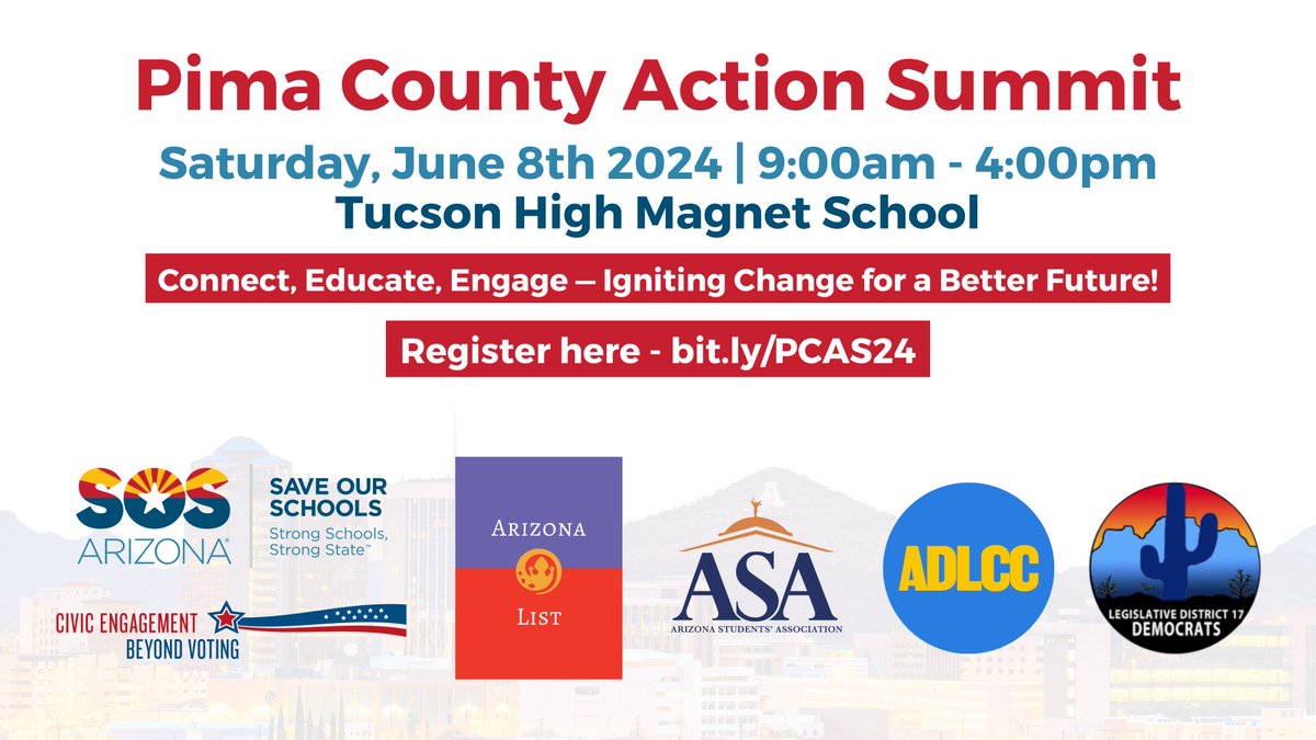 📣 We are excited to announce a wide coalition of community partners teaming up to host the Pima County Action Summit! @AZCEBVus @Arizona_List @A_DLCC @azstudents @LD17AZDemocrats ✍️ You don’t want to miss the Pima County Action Summit! Register now at bit.ly/PCAS24