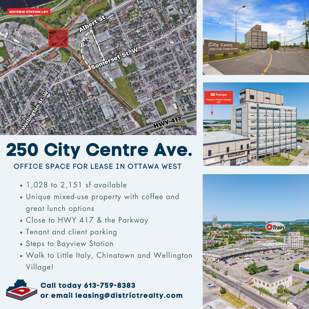 Office Space for Lease in Ottawa West!
250 City Centre Avenue | Sunny suites available at a unique mixed-use location just west of downtown Ottawa. 

Call to book your showing ☎️ 613-759-8383
#DistrictRealty #OfficeSpace #OttawaBusiness