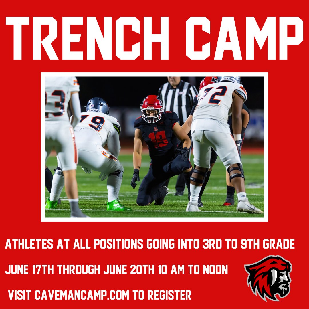 TRENCH CAMP Registration is now open for Trench Camp 2024! We will be welcoming athletes at all position who are entering 3rd through 9th grade. Register now at cavemancamp.com #GoCavemen