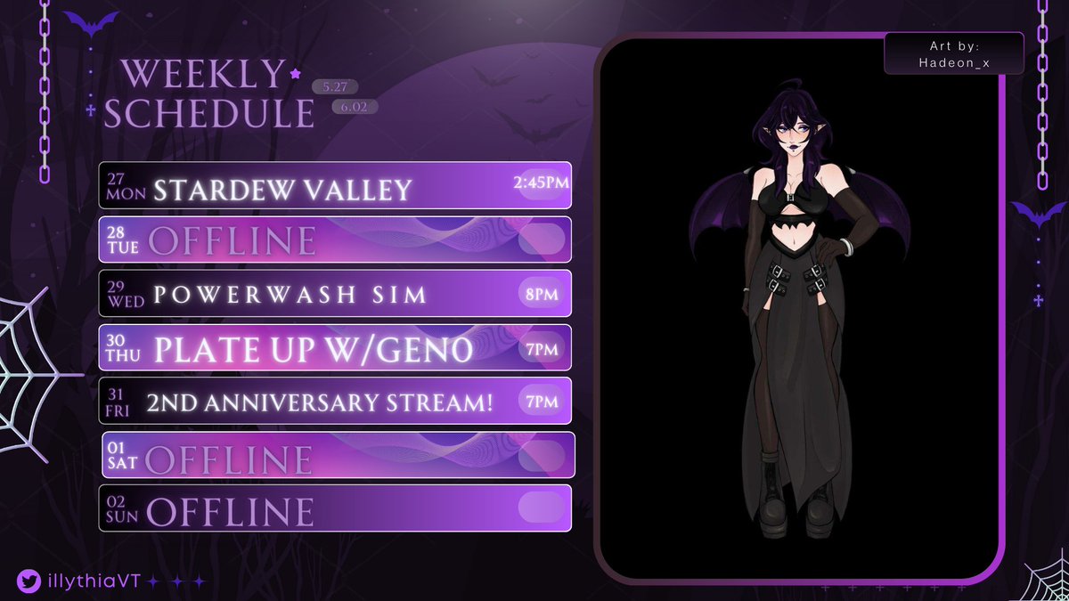 IllythiaVT's tweet photo. 🦇WEEKLY #SCHEDULE ⚰️
All times are in MST!
This week we have my anniversary stream!
Tags:
Live: #illyTV
Clips: #illyClips
Fan Art: #illystration https://t.co/NbxueFnpLw