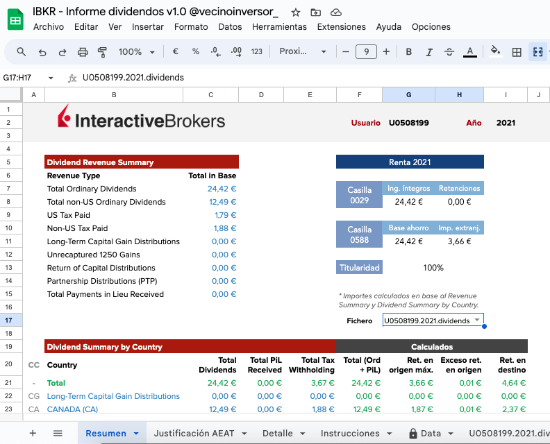 Javi (@vecinoinversor_) on Twitter photo 💥Herramienta de dividendos para <a href="/IBKR/">Interactive Brokers</a> 💥
Comparto por aquí la primera versión de esta hoja, que espero que os ayude a comprobar vuestra declaración de la Renta, siguiendo con la información del extracto fiscal de Dividendos de Interactive Brokers.
¡Espero que os guste! 💙 💥Herramienta de dividendos para <a href="/IBKR/">Interactive Brokers</a> 💥
Comparto por aquí la primera versión de esta hoja, que espero que os ayude a comprobar vuestra declaración de la Renta, siguiendo con la información del extracto fiscal de Dividendos de Interactive Brokers.
¡Espero que os guste! 💙