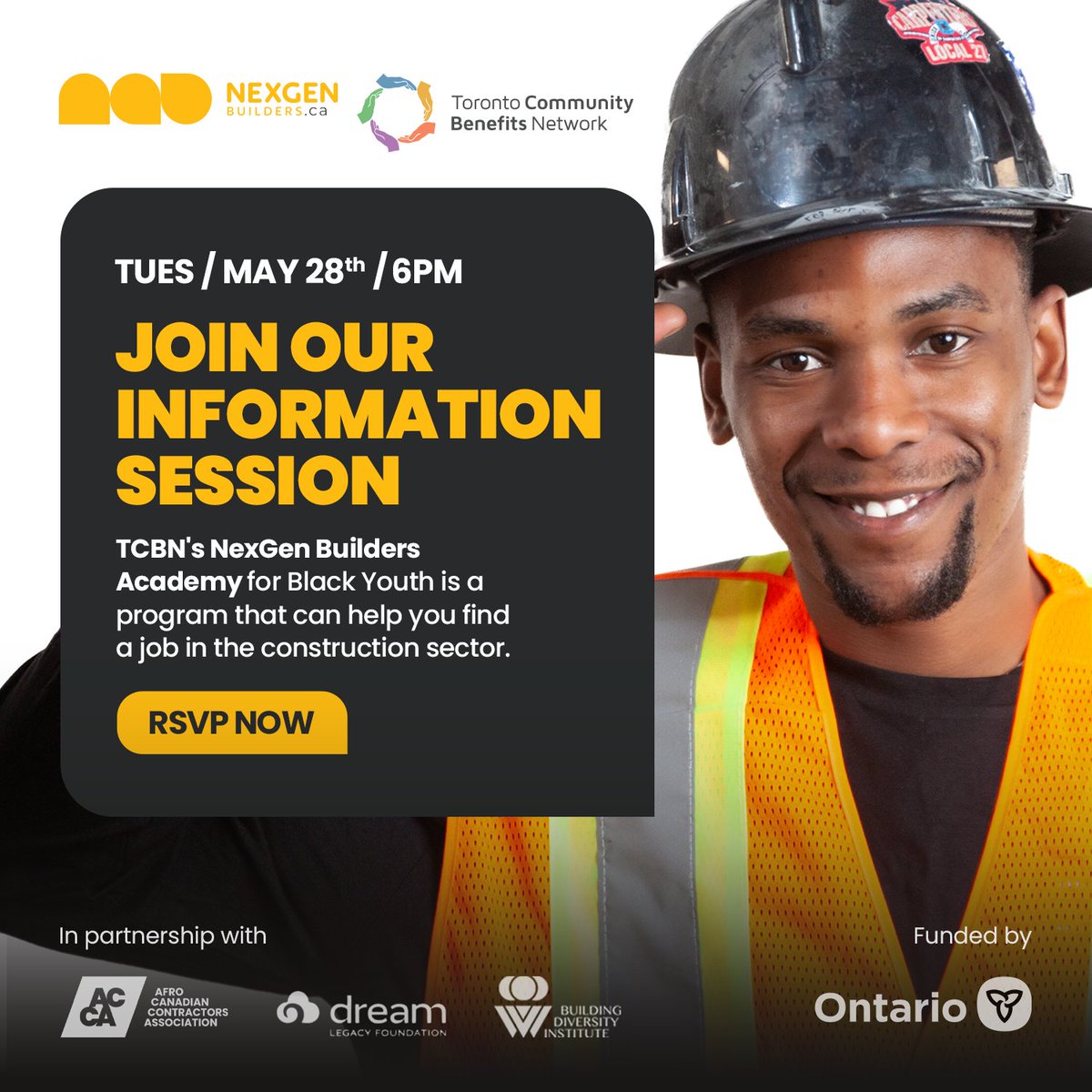 Happening Tomorrow! In partnership with Afro Canadian Contractors Association and @DreamLegacyfdn Join the NexGen Builders Academy for Black Youth info session on May 28 at 6 PM to learn more. Please visit nexgenbuilders.ca/academy_info_s… to RSVP #communitybenefits #constructionjobs