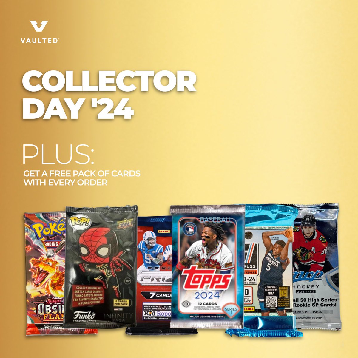 Our biggest day of the year is here! Join the celebration and get 20% off site-wide, plus a free factory-sealed pack with every purchase!   Get in the game now before it’s too late. Good luck! vaultedcollection.com/collections/all