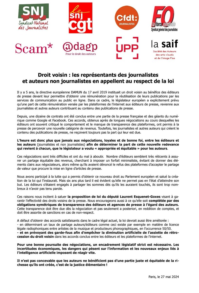 [DROITS VOISINS] 
💰💰💰 
Les représentants des journalistes et auteurs en appellent au respect de la loi de la part des éditeurs ... qui ont souvent critiqué le comportement et le manque de transparence des plateformes 🤔 

COMMUNIQUÉ COMMUN ⬇️ 
snj.fr/article/droit-…