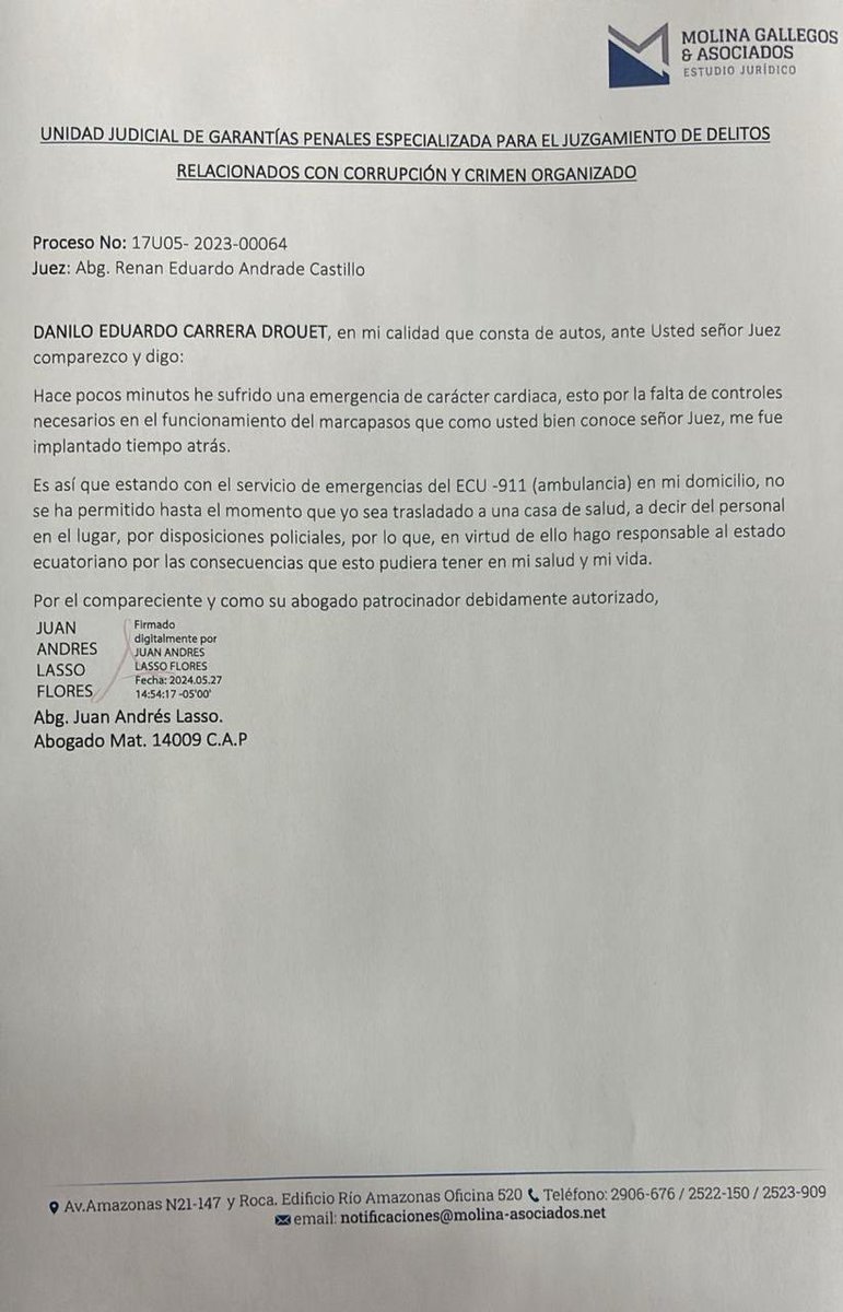 Hoy el Economista Carrera, quien fue sometido semanas atrás a una cirugía de corazón, sufrió una crisis debido a la indolencia del juez que no autorizó su traslado a los cheque pese a nuestros varios requerimientos. Hoy el 911 y la Policía no lo quisieron trasladar a la clínica.