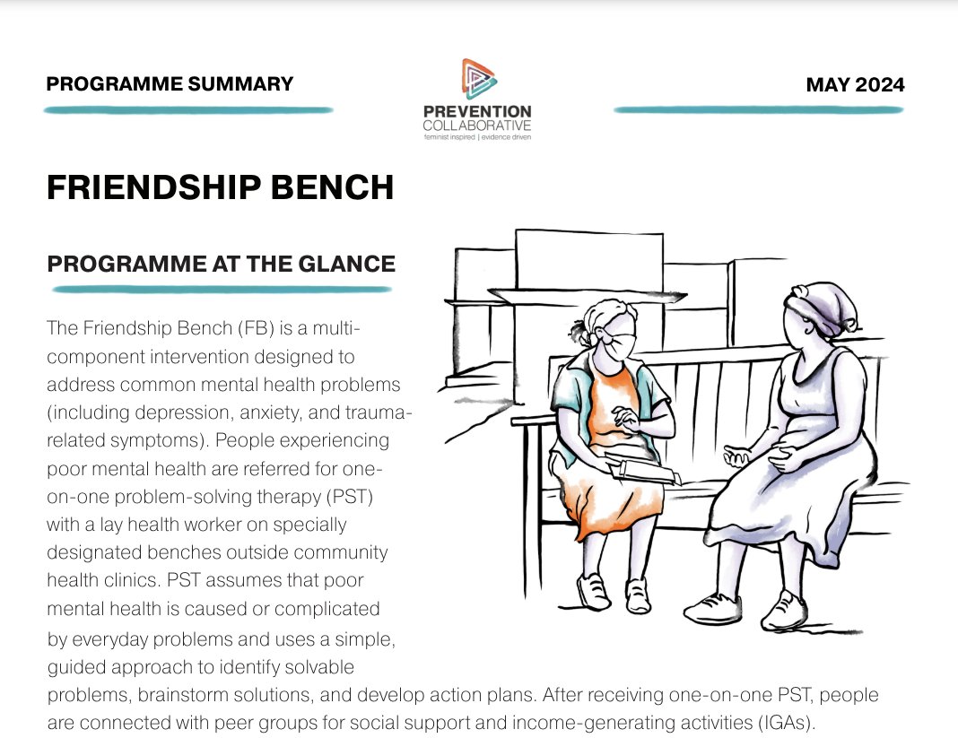 The @friendshipbench improves individual mental health by helping people develop self-awareness, identify factors within their control, and prioritise solvable problems. 📌Learn more about the programme’s goals, activities, and impact in Zimbabwe.👇 prevention-collaborative.org/wp-content/upl…