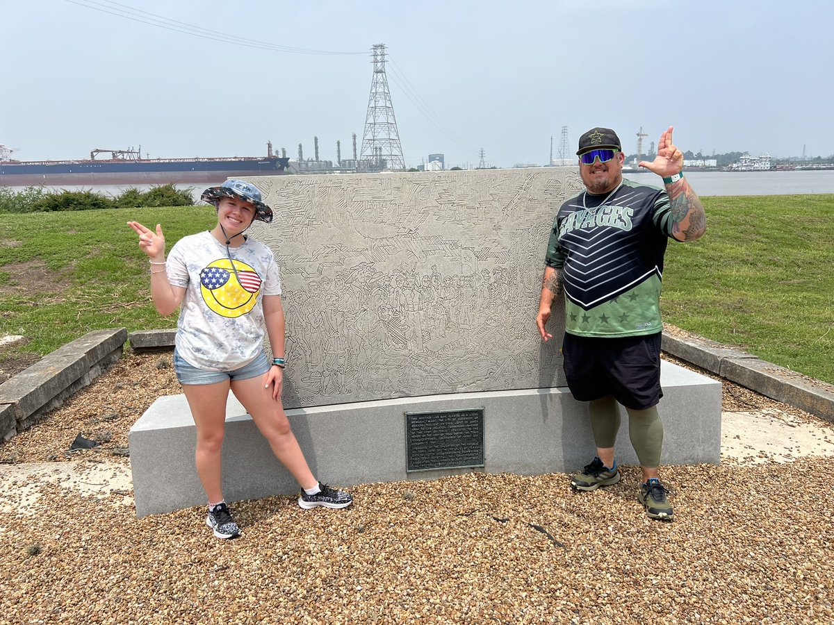 Coach_Savage_15's tweet photo. Standing in the spot where Santa Anna surrendered to Sam Houston. Enjoying Memorial Day with @SadieSavageTKD thank you to all our fallen heroes. #AxemJacks #TexasForever https://t.co/4IZdCgmz6s