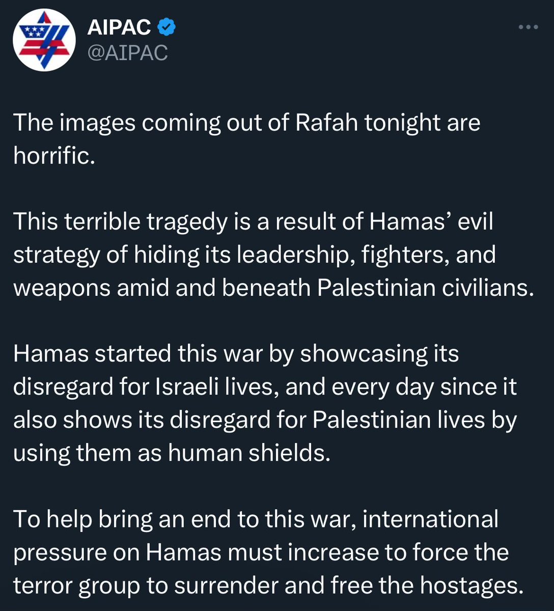 Responding to the apocalyptic images of burning bodies and tents because of US bombs that Israel dropped with “This war ends when Hamas surrenders and free the hostages” is among the most soulless, morally bankrupt, and shameful political messages I’ve ever seen.