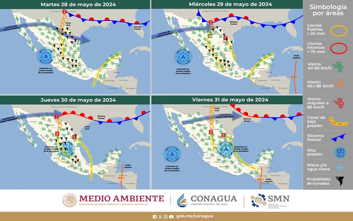 ☀️ Se mantendrá la tercera #OndaDeCalor de la temporada en #México, pronosticándose #Temperaturas que podrían superar los 45 grados #Celsius en varias entidades del territorio nacional. Consulta la información completa aquí ⬇️ smn.conagua.gob.mx/es/pronosticos…