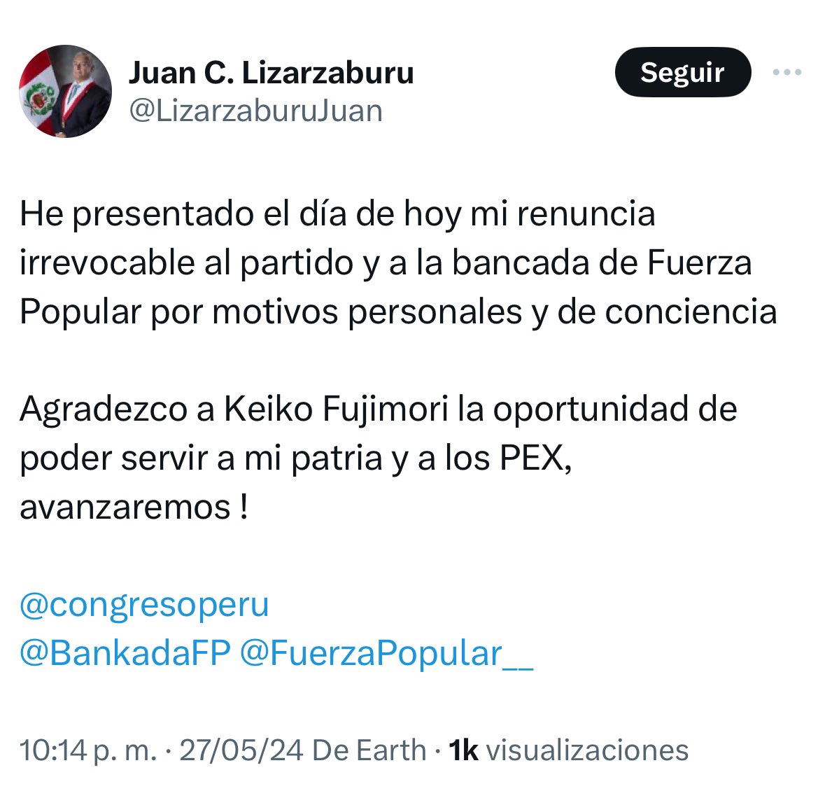 #AlertaLegislativa: Legislador Juan Carlos Lizarzaburu renuncia a la bancada de #FuerzaPopular.