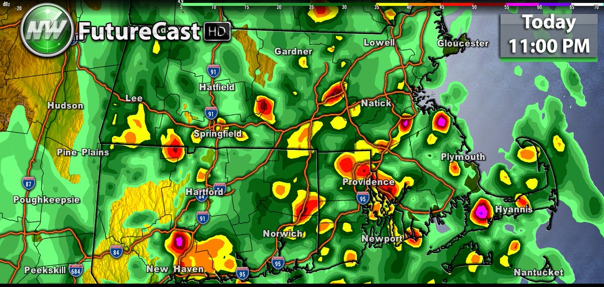 Expect a round of downpours and thunderstorms to move through #SNE between 9PM tonight-2AM Tuesday: