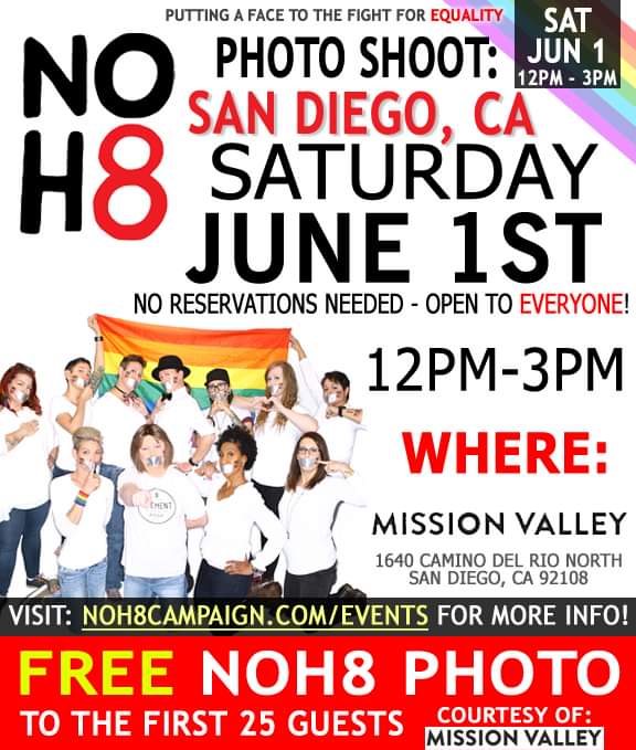Join us as we kick off #PrideMonth Saturday, June 1st in #SanDiego, CA 📷 🌈 FREE #NOH8 photo to the first 25 guests courtesy of Mission Valley 📣 RSVP HERE: fb.me/e/1er8d7ihN
