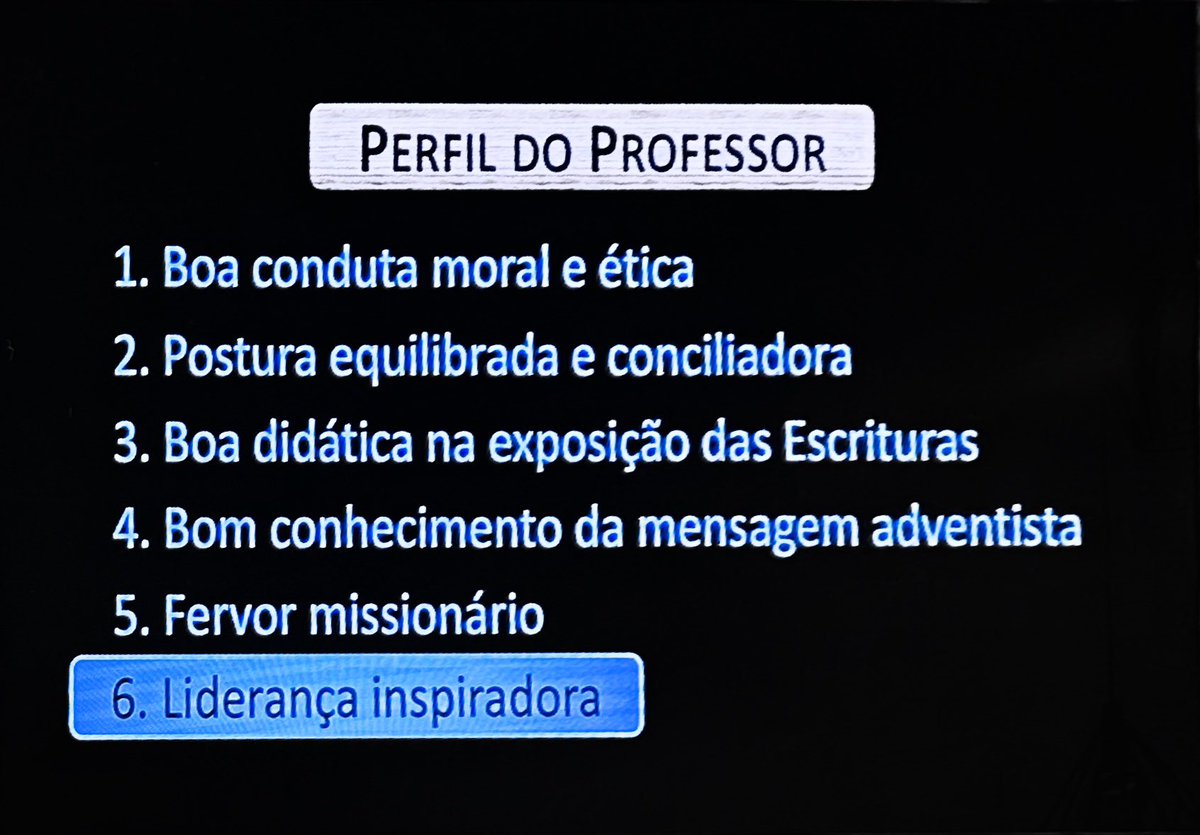 Perfil del Maestro de Escuela Sabática:
1. Buena conducta moral y ética 
2. ⁠Postura equilibrada y conciliadora
3. ⁠Buena didáctica de exposición de las Escrituras
4. ⁠Buen conocimiento del mensaje adventista
5. ⁠Fervor Misionero
6. ⁠Liderazgo inspirador
(Pr. Alberto Timm)