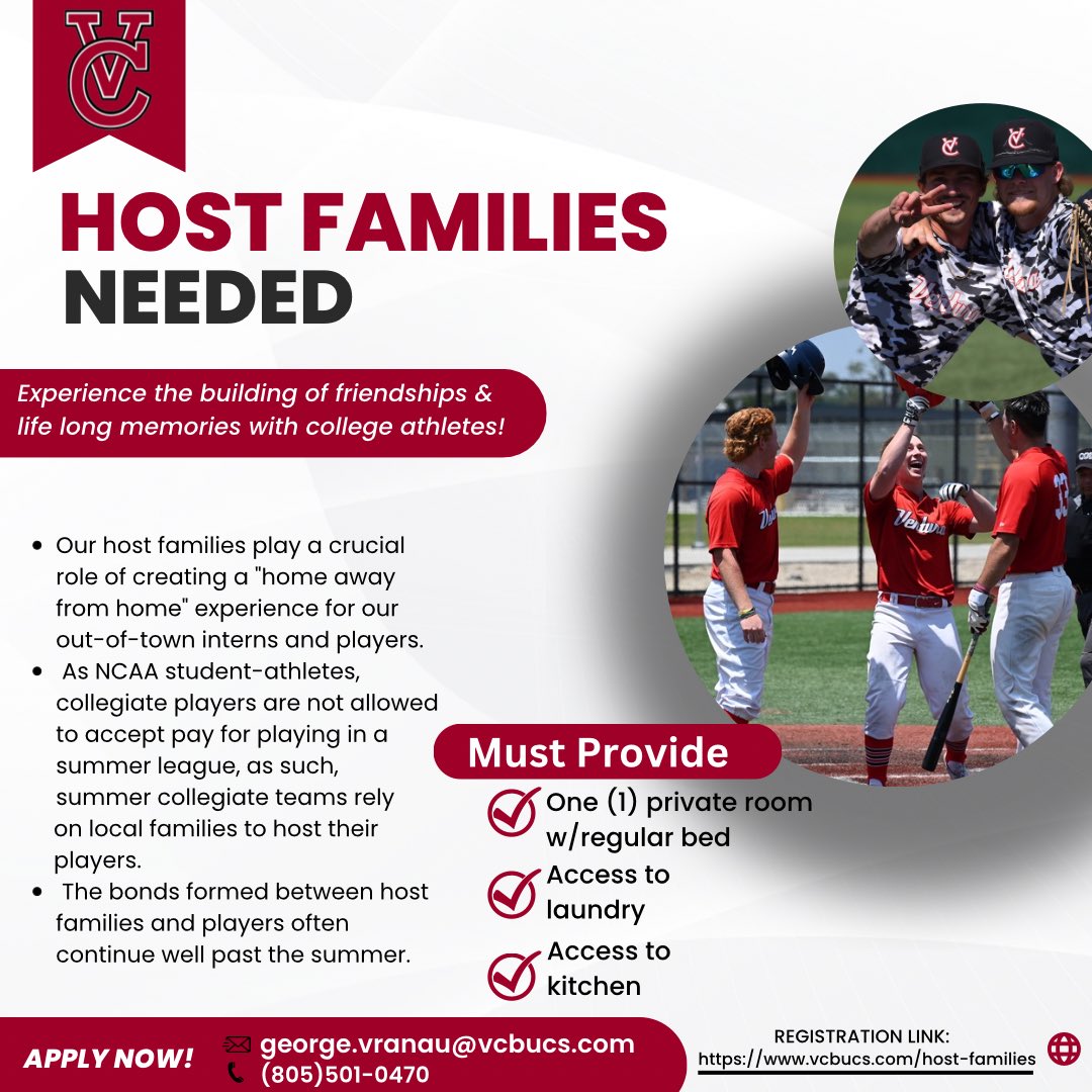 We’re still looking for more families to support and host our boys this upcoming summer! Check out our website for more information and to register! vcbucs.com/host-families

#GoPirates