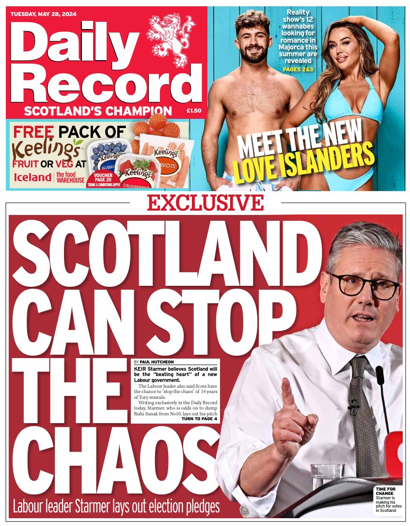 Keir Starmer pledges Scotland will be 'the beating heart' of a new Labour government writing exclusively in tomorrow's Daily Record #ScotPapers #TomorrowsPapersToday