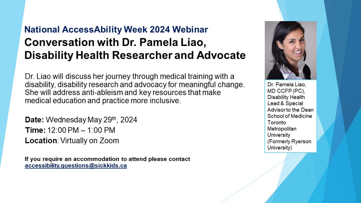 Join us for #NationalAccessAbilityWeek 2024! On May 29 at 12 p.m., hear Dr. Pamela Liao, Disability Health Researcher & Advocate, share her journey & insights on #disability #inclusion in medical education. Register for this webinar ➡️ ca01web.zoom.us/webinar/regist… #NAAW2024