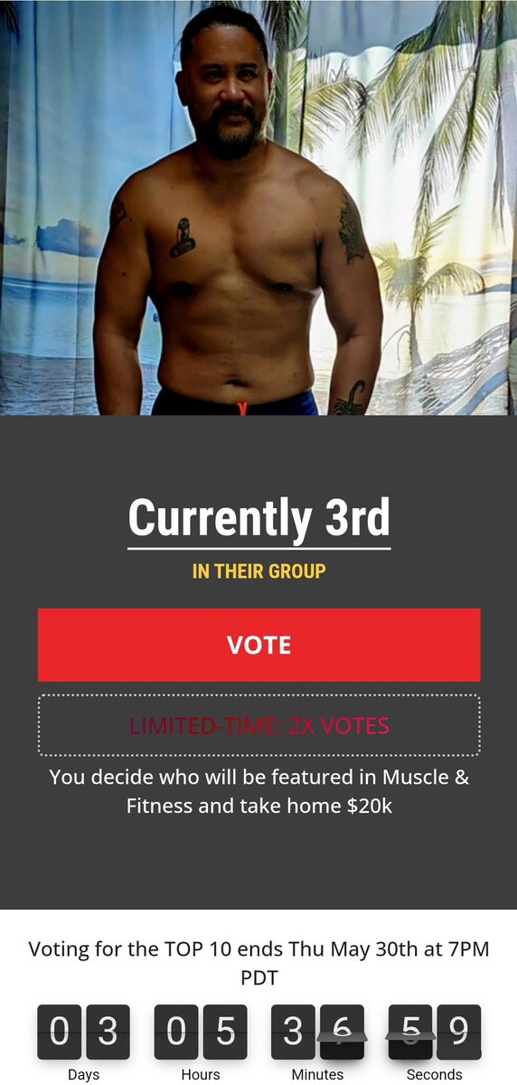 Ranked #3 in Muscle and Fitness' Mr. Health and Fitness. Top 10 cut starts 5/30. Fight childhood cancer! Double votes today, so please vote and share daily: mrhealthandfit.com/2024/tony-san-…

#MuscleAndFitness #MrHealthAndFitness #BPlusFoundation #ChildhoodCancer #VoteDaily #ShareDaily
