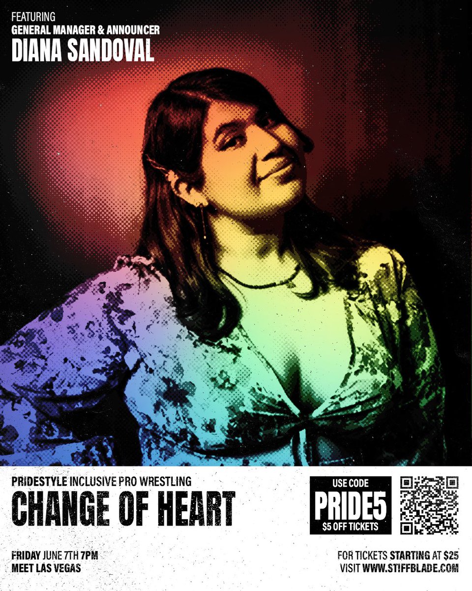 🚨𝗗𝗜𝗔𝗡𝗔 𝗦𝗔𝗡𝗗𝗢𝗩𝗔𝗟 appearing live!🚨 Ride the New Wave into Pride month w/ Inclusive Pro Wrestling when we return to the MEET for.. PrideStyle 25 𝗖𝗛𝗔𝗡𝗚𝗘 𝗢𝗙 𝗛𝗘𝗔𝗥𝗧 Friday 6/7 • 7PM • MEET Las Vegas Use code PRIDE5 for $5 off stiffblade.com/pridestyle