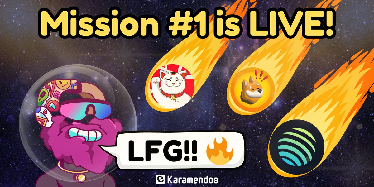 IT'S TIME, FAM!! 😮🤯

Mission #1 is LIVE (if you choose to accept it!) 😎😎

10 Winners,
1,000 Spots,
$2,000 in rewards up for grabs!

Buy and stake a Karamendos NFT to compete in the mission AND YOU COULD BE ONE OF OUR WINNERS!! 💰💸

Let's Fooking Goooooooo!! 🔥🔥🔥