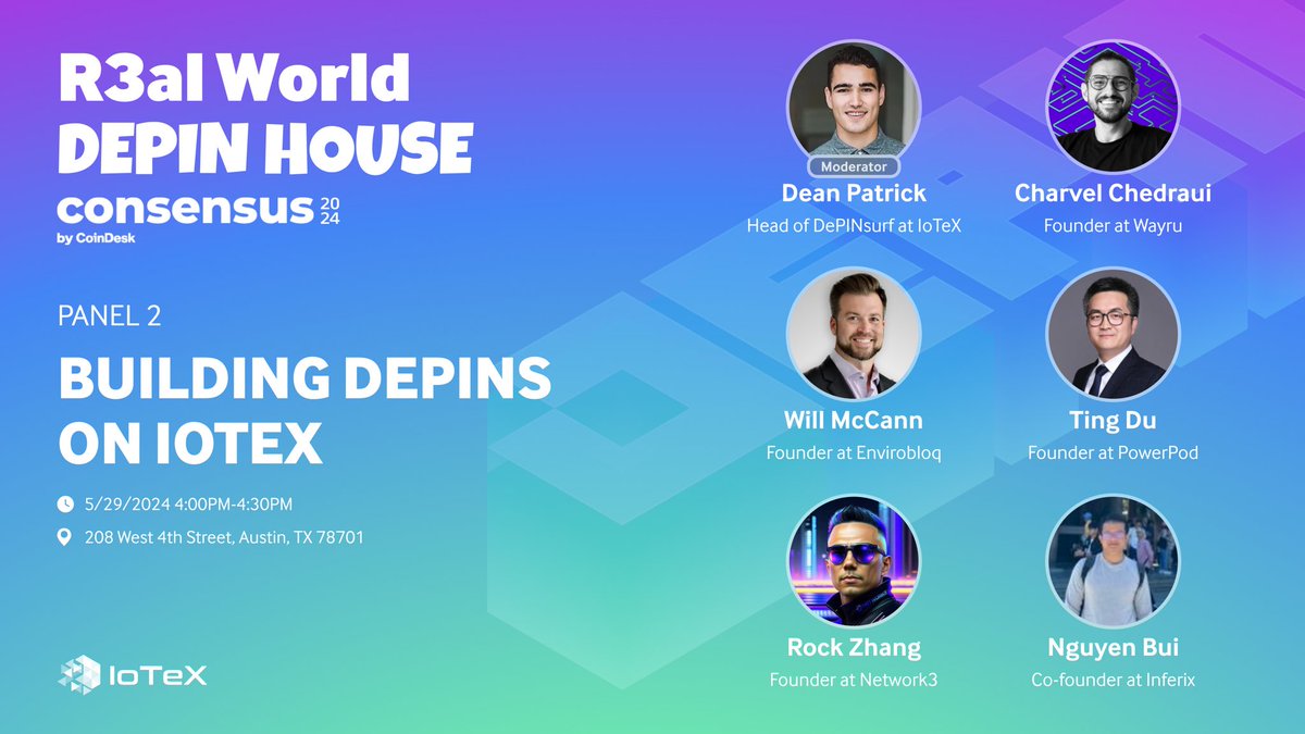 Why build DePINs on IoTeX? We’ve gathered founders of 5 diverse DePIN projects #BuiltOnIoTeX: @envirobloq, @WayruNetwork, @PowerPod_People, @network3_ai & @InferixGPU, to discuss the advantages of the IoTeX ecosystem. Register below for the biggest #DePIN event at