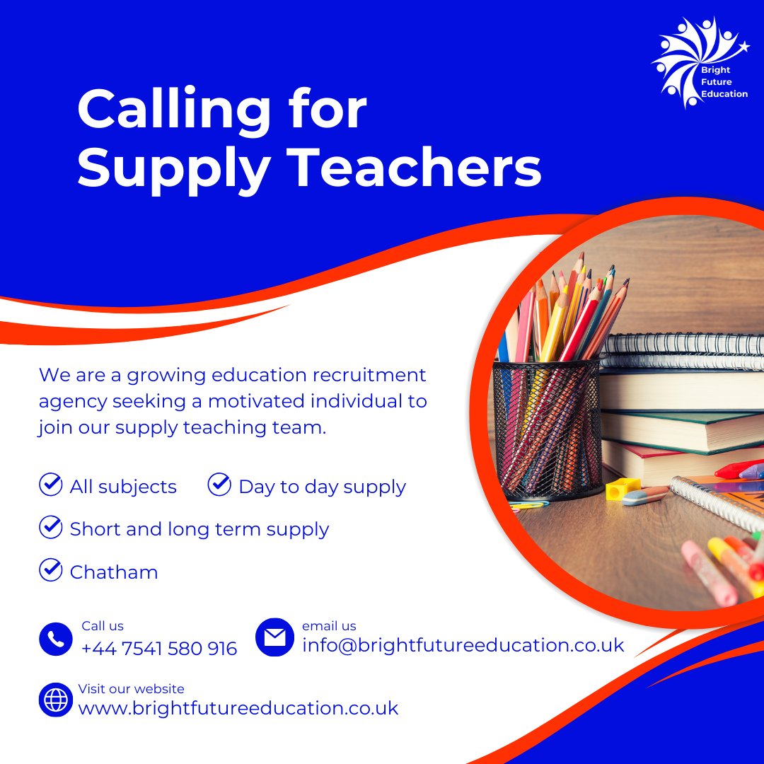 Calling for #supplyteachers to join our dynamic supply #teaching team. Get in touch at gladys@brightfutureeducation.co.uk for more information apply here: tinyurl.com/yc44jzyw
#teachingjobs #teachingopportunity