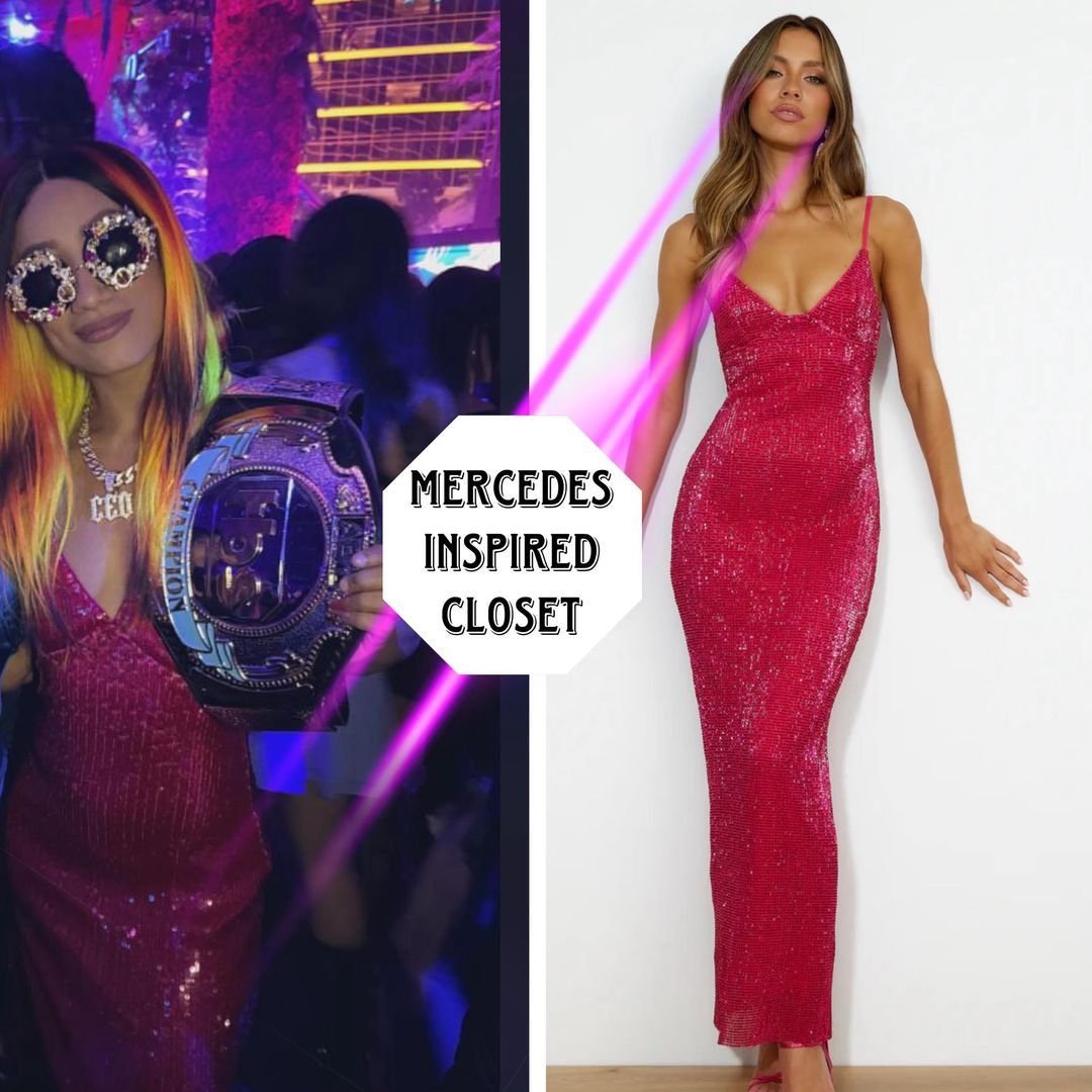 The NEW @aew TBS Champion Mercedes Moné was seen last night celebrating her BIG Win over Willow wearing “DREAMY SHINE SEQUIN MAXI DRESS HOT PINK” from @hellomolly 💕😻🥹

Price: $95.00 or  4 PAYMENTS OF $23.75 WITH @afterpayusa or @klarna 

Sizes: ALL OUT OF STOCK‼️