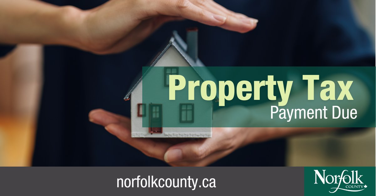 This is a reminder that the second interim property tax installment is due on Friday, 31. You can pay at your bank, by mail, or at a ServiceNorfolk customer service desk. For more info, please visit, visit NorfolkCounty.ca/PropertyTaxes.