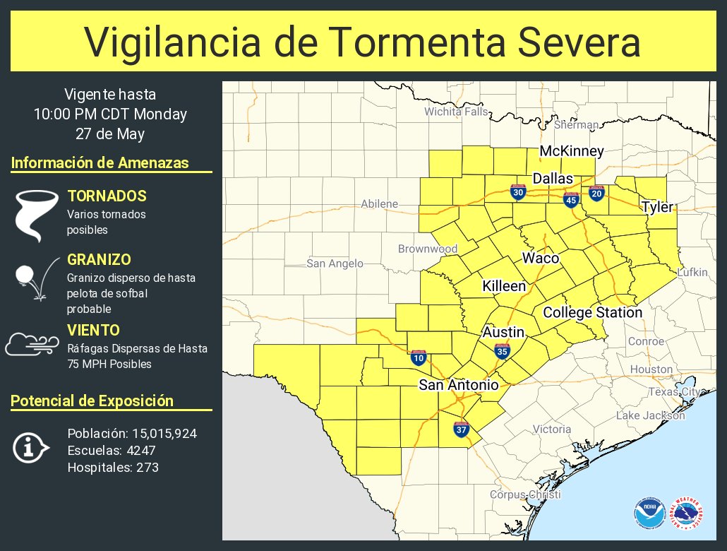 Vigilancia de Tormenta Severa ha sido emitida para partes de Texas hasta las 10 PM CDT