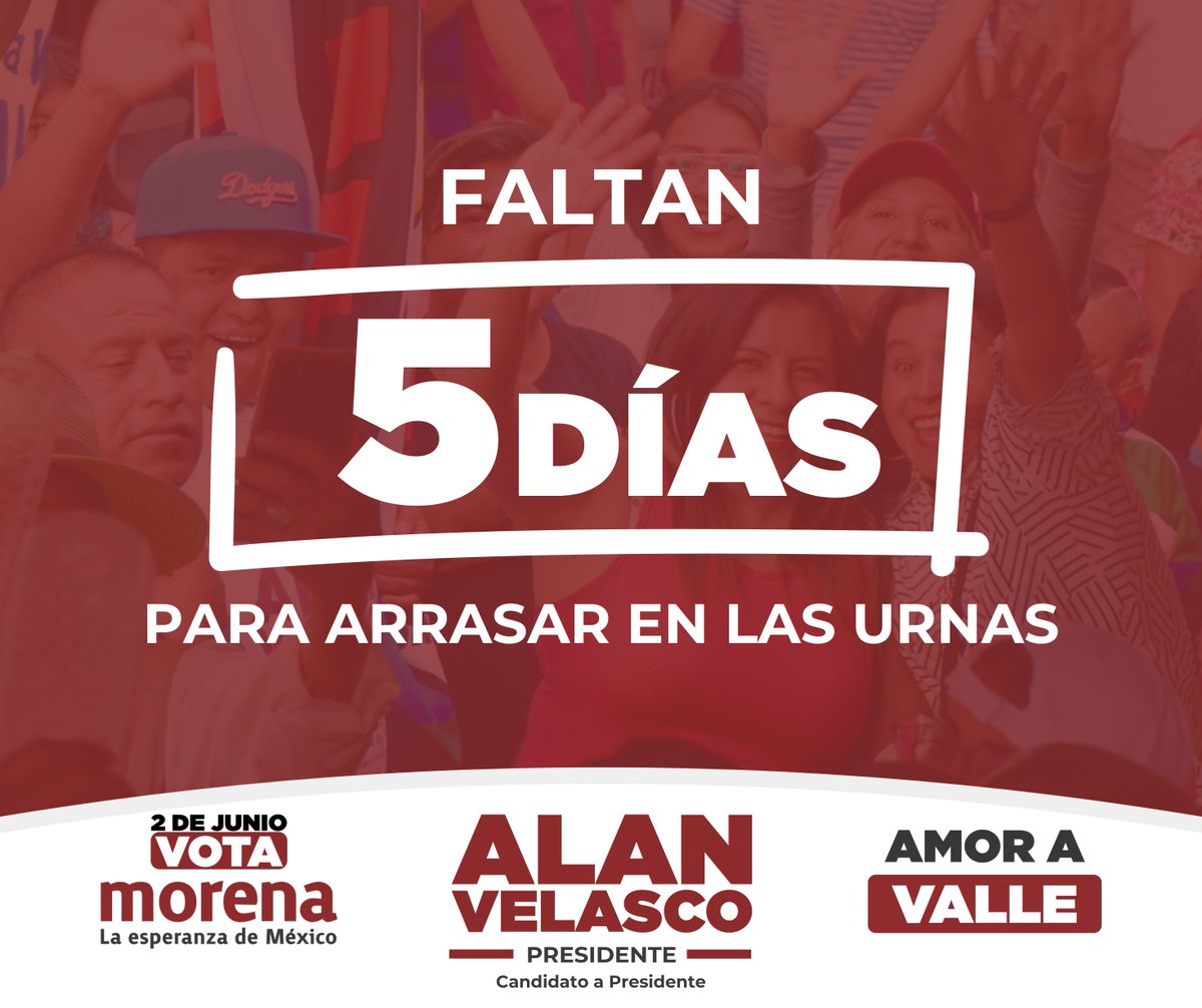 #AlanPresidente | ¡Que siga la transformación, oportunidades y el bienestar para todas, todos y todes! ¡Este 2 de junio, vota #AlanVelascoPresidente y el Plan C! ¡Estamos a 5 días, vota todo MORENA!
#VotaMorena
#VotaAlan
#AlanVelascoPresidente
#AmorAValle