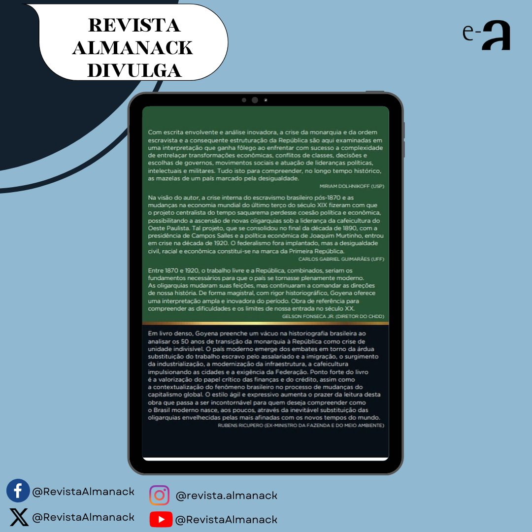 🥁 Almanack Divulga tem o prazer de apresentar:
LANÇAMENTO!

Entre oligarquias: as origens da república brasileira (1870-1920)
Autor: Rodrigo Goyena Soares

Confira: rb.gy/elglhg.

#RevistaAlmanack