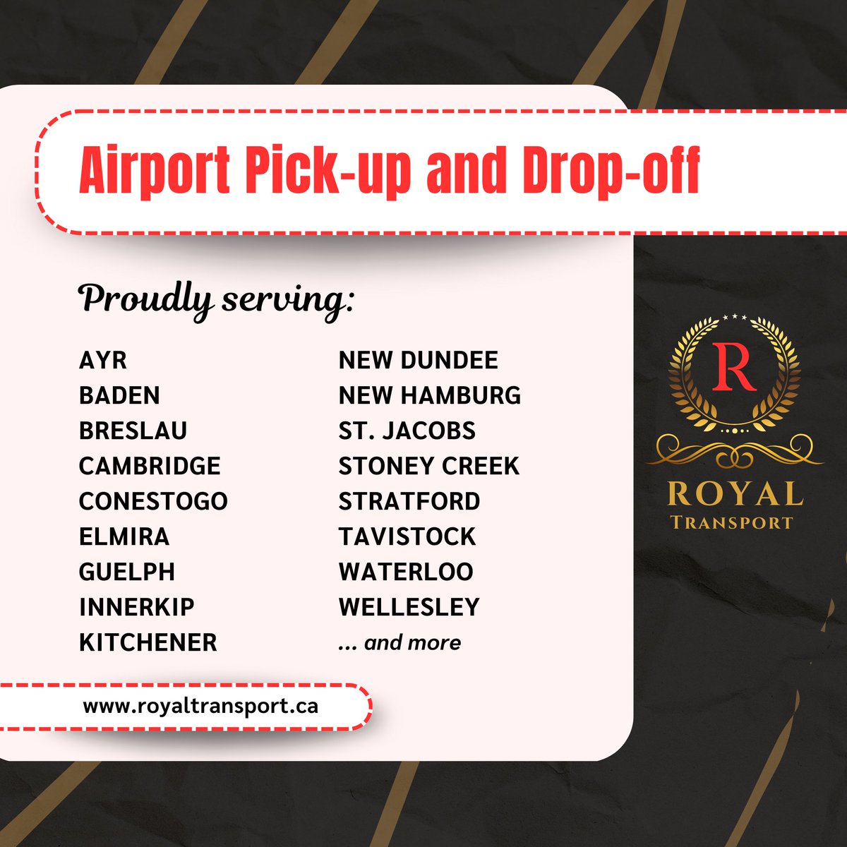 📍 Our current service locations! 🌍✨

Don't see your location? No worries! Send us a message to get a quote for your desired destination. Wherever you need to go, we've got you covered! 🚗💨

#RoyalTransport #AirportTransportation #TorontoPearson #Kitchener #Waterloo #Guelph