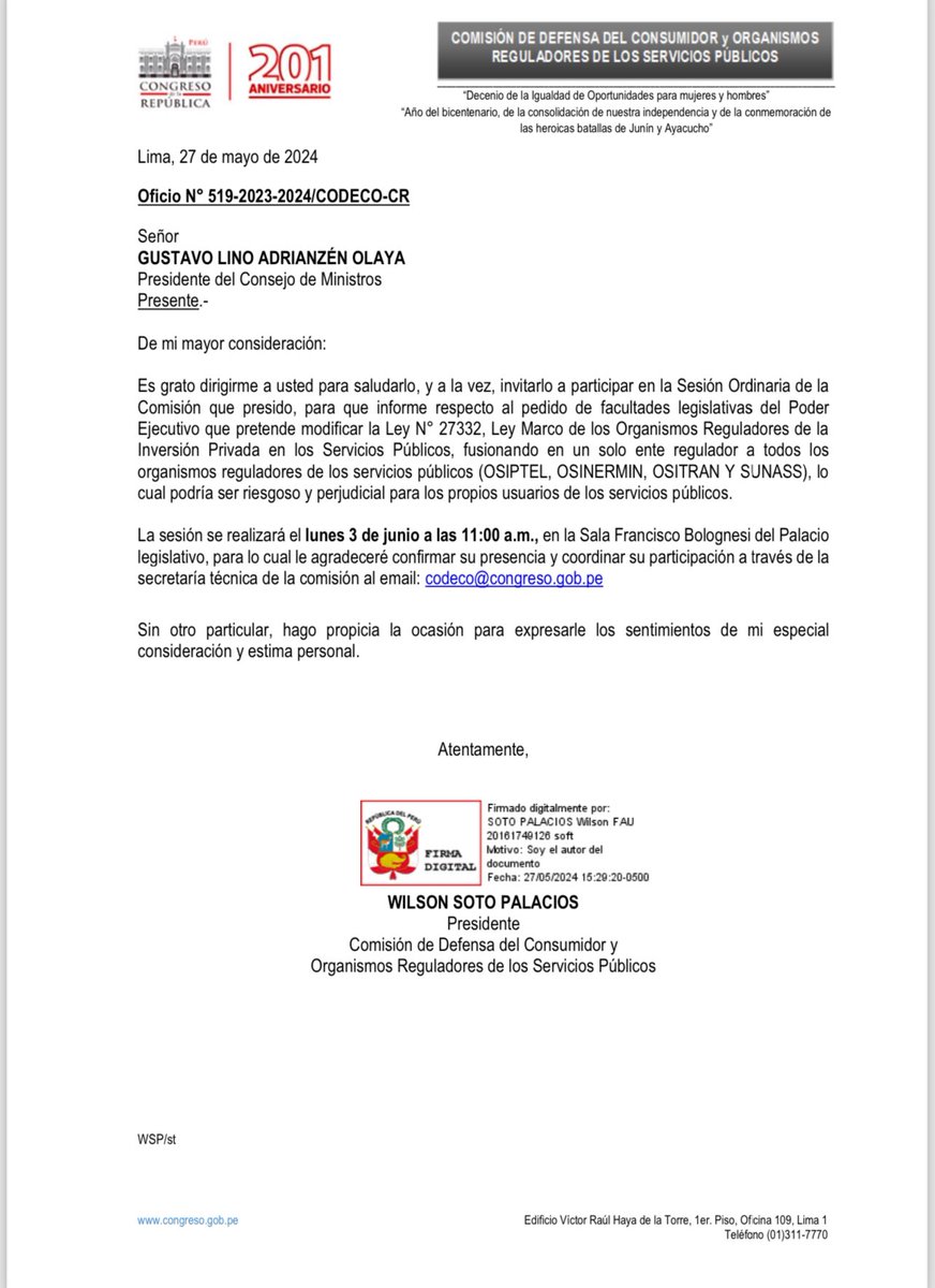 Al respecto, estamos convocando al señor Presidente del Consejo de Ministros para informar sobre la iniciativa que propone fusionar los Organismos Reguladores del Estado.

<a href="/pcmperu/">Consejo de Ministros</a>
