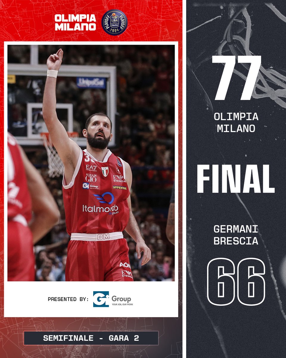 L'Olimpia parte forte, resiste alla rimonta di Brescia e porta la serie sul 2-0. 77-66 il risultato finale. (Mirotic 21 pts, Shields 16, Hall 11, Voigtmann 10) #insieme #ForzaOlimpia