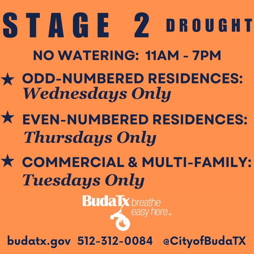 Despite recent rainfall, the City of Buda remains under Stage 2 drought water restrictions.

Please continue to conserve water and follow the guidelines to help manage the situation as summer months arrive.

Details: ow.ly/tXgW50RO7Fy

#BudaTX #WaterConservations