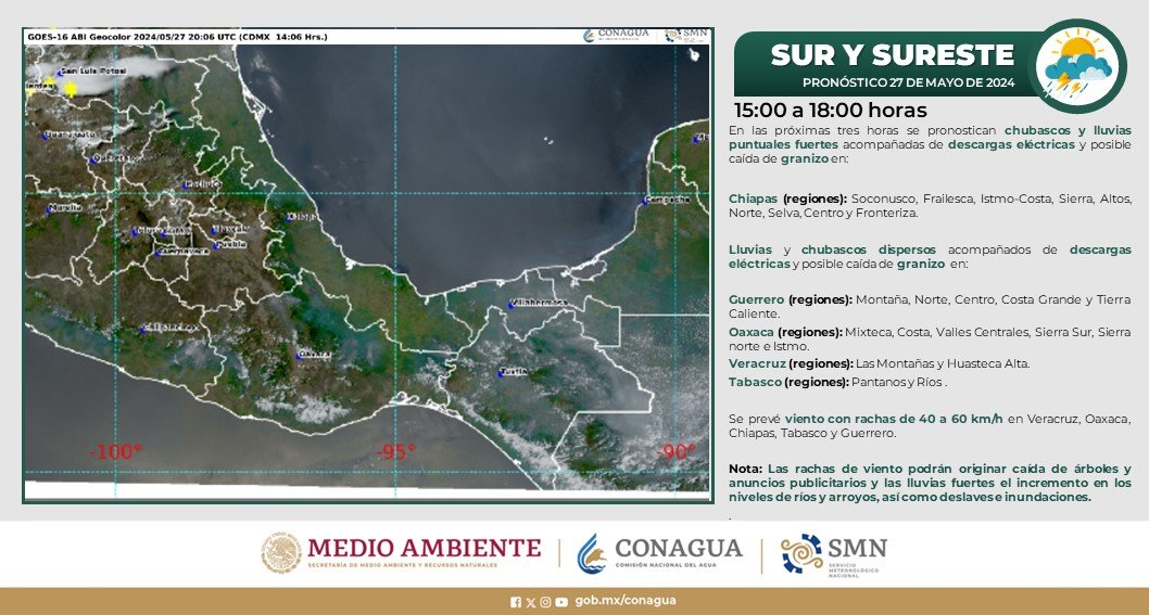 ⚠️ Para las próximas horas se esperan #Chubascos y #Lluvias puntuales fuertes, así como posible caída de #Granizo en entidades del noroeste, norte, noreste, occidente, sur y sureste de #México. ¡Toma tus precauciones! 😯