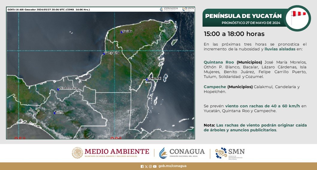 Para esta tarde, se pronostican #Lluvias aisladas, así como fuertes #Rachas de #Viento en la #PenínsulaDeYucatán.