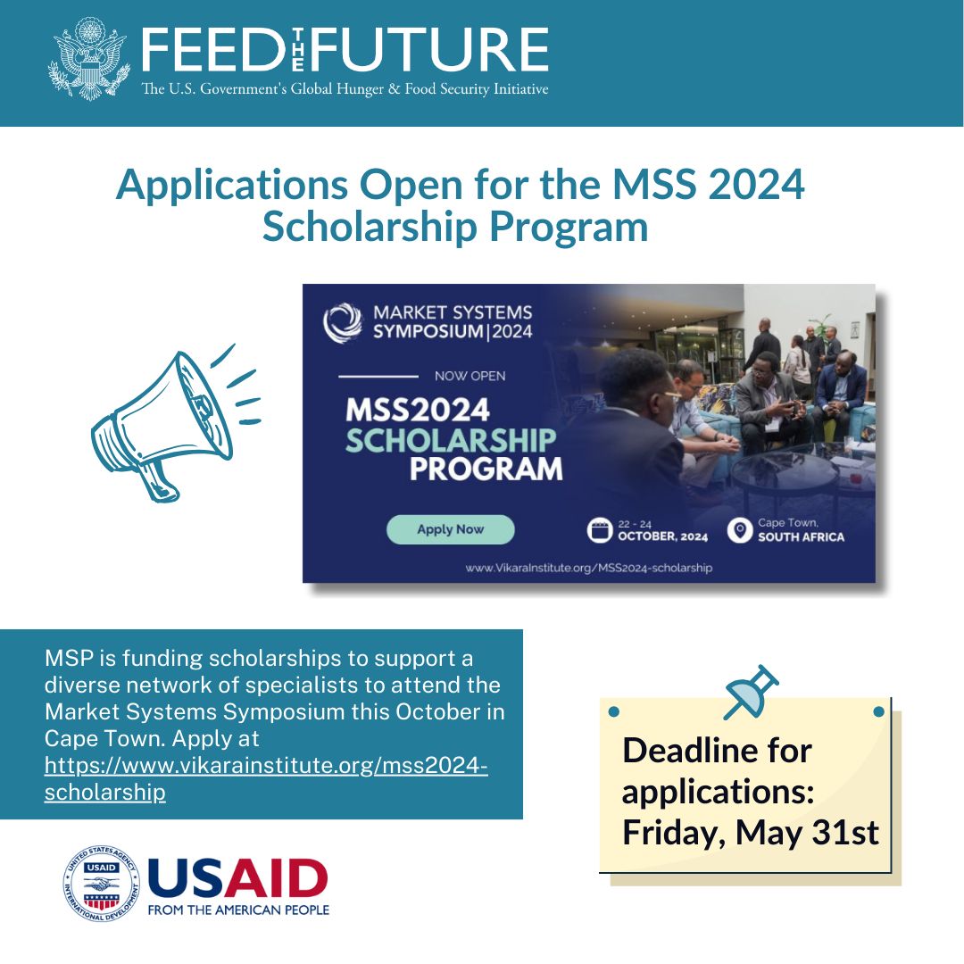 📣 MSP #scholarships for the #MarketSystems Symposium in Cape Town this October! Benefits: registration, airfare, accommodation, meals, and networking. Eligibility: 12+ years experience, from a Global Majority country. Deadline: May 31. Apply: shorturl.at/OuzgB